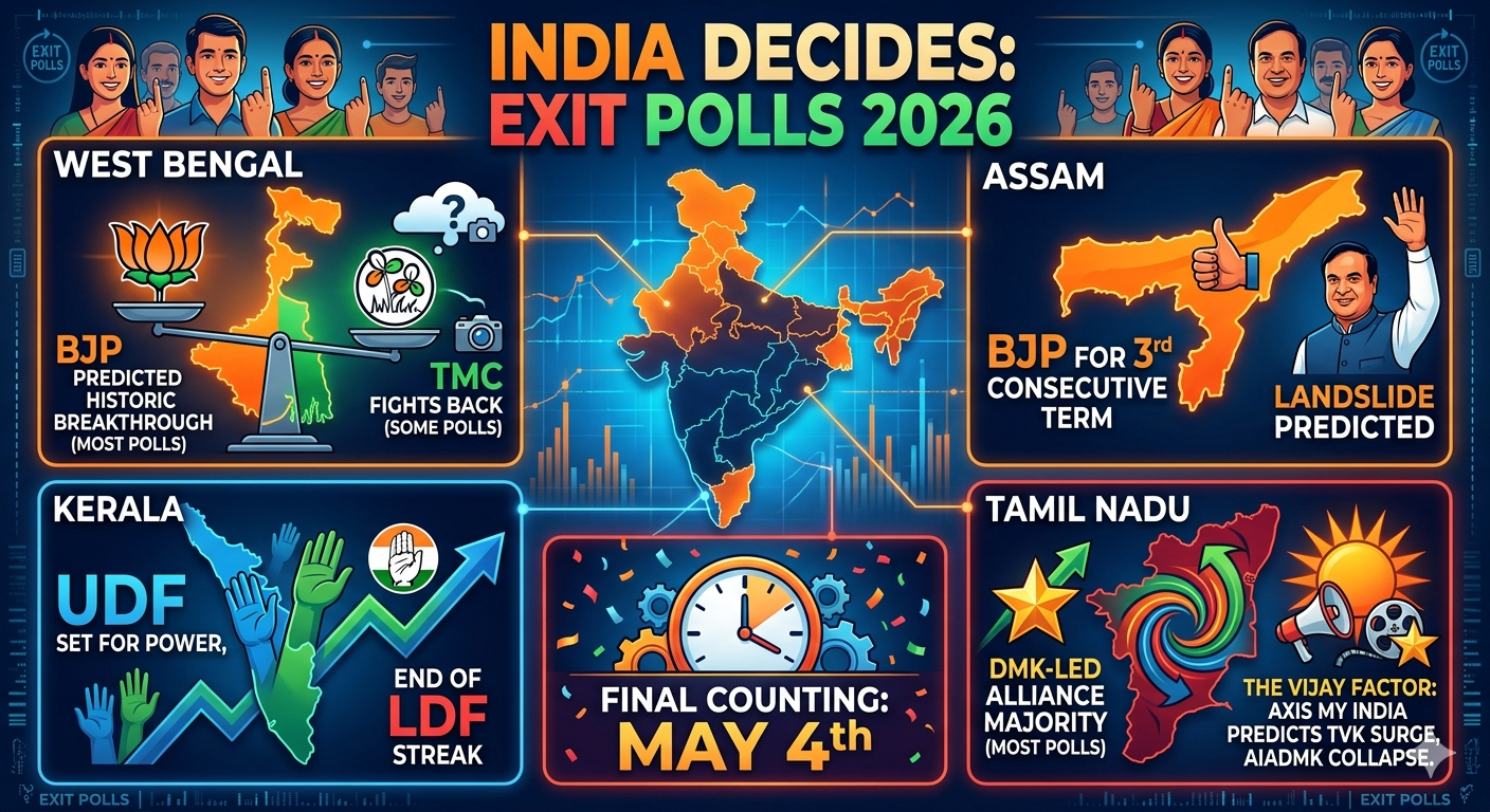 Exit Polls 2026: BJP Targets Historic Bengal Win; DMK and UDF Set for Power