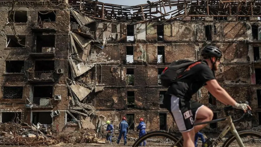 Building destroyed during Russia attack in Ukraine capital