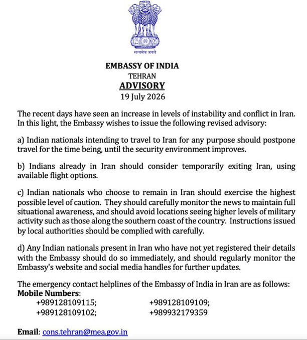 As tensions escalate in Tehran; Indian Embassy Issues advisory for citizens